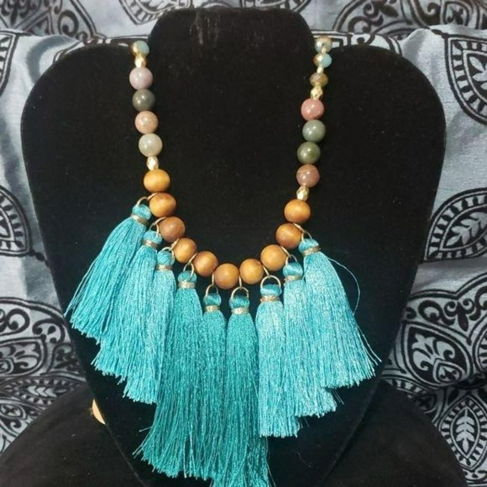 Beaded Wooden Chunky Tassel Necklace